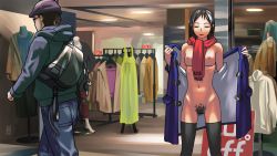 Rule 34 | 1boy, 1girl, between breasts, black hair, black thighhighs, blue coat, breasts, closed eyes, clothes rack, coat, english text, excessive pubic hair, exhibitionism, hair ornament, hairclip, highres, indoors, jukkaku komado, long hair, mannequin, medium breasts, navel, nipples, open clothes, open coat, original, pubic hair, public indecency, red scarf, ribs, scarf, shop, standing, thighhighs, undressing