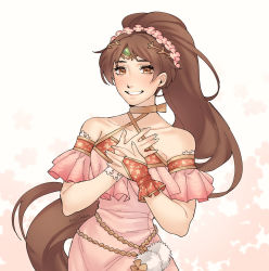 Rule 34 | 1girl, bare shoulders, brown hair, fire emblem, fire emblem: mystery of the emblem, fire emblem: new mystery of the emblem, fire emblem: shadow dragon, fire emblem: shadow dragon and the blade of light, flower, hair flower, hair ornament, highres, linde (fire emblem), long hair, looking at viewer, nintendo, simple background, smile, solo, tecchen, very long hair