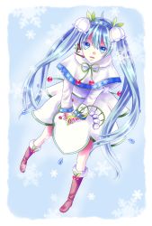 Rule 34 | 1girl, :d, artist request, blue background, blue eyes, blue hair, boots, brown footwear, capelet, dress, flower, from above, full body, fur boots, fur trim, gradient background, hair flower, hair ornament, hatsune miku, headset, highres, knee boots, lily of the valley, long hair, looking at viewer, looking up, matching hair/eyes, open mouth, simple background, smile, snowflake print, solo, twintails, very long hair, vocaloid, white dress, yuki miku