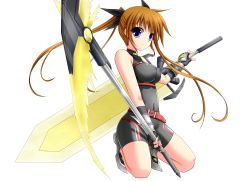 Rule 34 | 1girl, alternate costume, armor, bad id, bad pixiv id, bardiche (haken form) (nanoha), bardiche (nanoha), bardiche (zanber form) (nanoha), bare shoulders, belt, belt bra, belt skirt, black gloves, bodysuit, boots, breasts, brown hair, buckle, cosplay, covered erect nipples, covered navel, dual wielding, elbow gloves, energy blade, energy sword, energy weapon, fate testarossa, fate testarossa (cosplay), fate testarossa (sonic form), fingerless gloves, from side, full body, gauntlets, gloves, greaves, hair ribbon, halterneck, holding, holding weapon, huge weapon, impossible clothes, kneeling, large breasts, light smile, long hair, looking at viewer, lyrical nanoha, magical girl, mahou shoujo lyrical nanoha strikers, polearm, purple eyes, ribbon, scythe, shouyan, skin tight, smile, solo, sword, takamachi nanoha, transparent background, turtleneck, twintails, unitard, very long hair, weapon