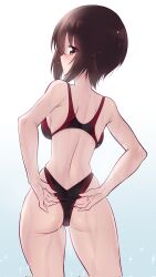 Rule 34 | 1girl, ass, backboob, blush, breasts, brown eyes, brown hair, corrupted twitter file, girls und panzer, highres, kuzuryuu kennosuke, large breasts, looking back, nishizumi maho, shiny skin, short hair, shoulder blades, simple background, solo, standing, swimsuit, wet