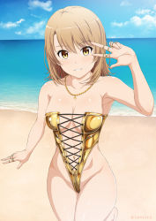 Rule 34 | 1girl, artist name, beach, blush, breasts, brown eyes, brown hair, collarbone, commentary request, cross-laced clothes, cross-laced one-piece swimsuit, grin, inoshira, isshiki iroha, jewelry, looking at viewer, medium breasts, medium hair, necklace, ocean, one-piece swimsuit, outdoors, paid reward available, smile, solo, swimsuit, teeth, twitter username, v, water, watermark, yahari ore no seishun lovecome wa machigatteiru., yellow one-piece swimsuit