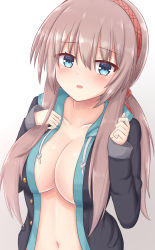 Rule 34 | 1girl, arms up, blue eyes, blush, breasts, brown hair, buttons, cleavage, collarbone, commentary request, drawstring, eyebrows, hair between eyes, hair ornament, hair ribbon, highres, hood, hoodie, large breasts, long hair, looking at viewer, navel, no bra, open clothes, open mouth, pocket, ribbon, sanoba witch, school uniform, shiiba tsumugi, solo, standing, upper body, white background, yuunagi (yunagi1373)