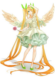 Rule 34 | 1girl, absurdly long hair, angel, angel wings, aqua eyes, blonde hair, bow, commentary, dress, flower, full body, green bow, green dress, green footwear, hair bow, hair ornament, hairclip, hand up, high heels, highres, holding, holding flower, kagamine rin, layered dress, long hair, looking at viewer, one eye closed, pink flower, shadow, smile, solo, standing, swept bangs, twintails, very long hair, vocaloid, white background, whiteskyash, wings