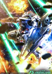 Rule 34 | beam rifle, blurry, commentary request, copyright name, debris, depth of field, energy gun, explosion, flying, glowing, glowing eyes, green eyes, gun, gundam, gundam aerial, gundam arsenal base, gundam suisei no majo, highres, holding, holding gun, holding shield, holding weapon, igaraigara, laser, logo, looking up, mecha, mobile suit, no humans, official art, robot, science fiction, shield, solo, space, v-fin, weapon