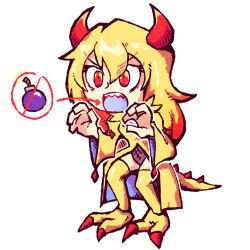 Rule 34 | 1girl, arrow (symbol), blonde hair, bomb, borrowed clothes, explosive, eyes visible through hair, full body, hair between eyes, hands up, horns, king dodongo, nintendo, open mouth, personification, red eyes, setz, sharp teeth, simple background, solo, tail, teeth, the legend of zelda, thighhighs, v-shaped eyebrows, white background, wide sleeves, yellow thighhighs