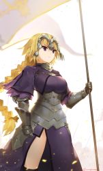 Rule 34 | 1girl, armor, armored dress, artist name, black gloves, blonde hair, blue eyes, braid, breasts, capelet, chain, fate/apocrypha, fate/grand order, fate (series), faulds, flag, gauntlets, gloves, headpiece, highres, jeanne d&#039;arc (fate), jeanne d&#039;arc (ruler) (fate), large breasts, long hair, plackart, sendo (sendrawz), single braid, solo, standard bearer, thighhighs, yellow eyes