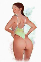 Rule 34 | 1girl, absurdres, ass, breasts, brown hair, closed eyes, clothes pull, cowboy shot, from behind, green one-piece swimsuit, highleg, highleg swimsuit, highres, joy boy, long hair, mole, mole on ass, one-piece swimsuit, one-piece swimsuit pull, original, shoulder blades, sideboob, swimsuit, tan, tanline, thighs, wet, wet hair, white background