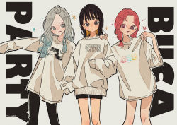 Rule 34 | 3girls, 99 yen (tsubura), artist name, bare legs, black eyes, black hair, black pants, black shorts, blonde hair, blue hair, braid, closed mouth, colored inner hair, commentary request, curious, diamond-shaped pupils, diamond (shape), english text, feet out of frame, gradient hair, grey background, grey eyes, grey shirt, grey sweater, hand on another&#039;s shoulder, hands up, heart, heart-shaped pupils, highres, long sleeves, looking at viewer, medium hair, multicolored hair, multiple girls, open mouth, original, oversized clothes, pants, purple eyes, red hair, shirt, shorts, simple background, sleeves past fingers, sleeves past wrists, smile, star (symbol), sweater, symbol-shaped pupils, twin braids