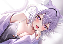 Rule 34 | 1girl, absurdres, ahoge, animal ear fluff, animal ears, black camisole, blush, breasts, camisole, cat ears, cat girl, cat tail, cleavage, cleavage cutout, clothing cutout, fang, heart, heart-shaped pupils, highres, hololive, jacket, large breasts, looking at viewer, lying, medium hair, nekomata okayu, nekomata okayu (membership), official alternate costume, on side, open mouth, purple jacket, rkc, skin fang, smile, symbol-shaped pupils, tail, two side up, virtual youtuber
