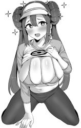 Rule 34 | 1girl, absurdres, alternate breast size, bikini, bikini top only, breasts, cleavage, clothes lift, creatures (company), double bun, game freak, greyscale, hair bun, highres, hotate-chan, kneeling, large breasts, lifted by self, monochrome, navel, nintendo, open mouth, pantyhose, pokemon, pokemon bw2, rosa (pokemon), shirt lift, simple background, smile, sparkle, sparkling eyes, swimsuit, twintails, visor cap, white background