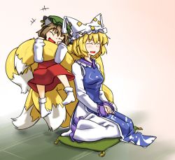 Rule 34 | 2girls, animal ears, blonde hair, brown hair, cat ears, cat girl, cat tail, chen, closed eyes, earrings, female focus, fox tail, hat, hihachi, hugging another&#039;s tail, jewelry, multiple girls, multiple tails, short hair, smile, tail, hugging tail, touhou, yakumo ran