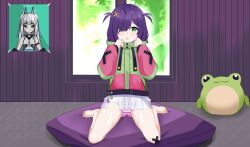 Rule 34 | 1girl, absurdres, blush, blush stickers, commission, dress, eien project, floor, frog, green eyes, hair ornament, hair over one eye, hairclip, highres, hood, hoodie, kiniro tofu, kinirotofu, kneeling, looking at viewer, nanimo navi, one eye covered, open mouth, panties, pillow, pink panties, poster (object), purple hair, shirt, short hair, sitting, skirt, solo, striped clothes, striped panties, underwear, virtual youtuber, wall, window, zumi dokumi