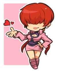 Rule 34 | 1girl, blush, breasts, chibi, cleavage, cleavage cutout, closed mouth, clothing cutout, earrings, full body, hair over eyes, hand on own hip, heart, ibara., jewelry, lips, lipstick, makeup, open hand, outline, pink background, pink lips, red hair, shermie (kof), smile, solo, standing, the king of fighters, twintails, two-tone background, white background, white outline