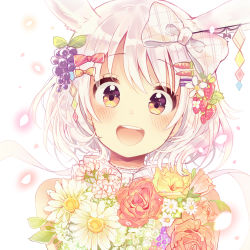 Rule 34 | 1girl, :d, absurdres, animal ears, bare shoulders, bouquet, bow, brown eyes, flower, food, fruit, grapes, hair bow, hair ornament, hairclip, head tilt, highres, looking at viewer, niikura kaori, open mouth, original, short hair, sketch, smile, solo, strawberry, upper body, white background, white hair