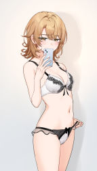 Rule 34 | 1girl, absurdres, bare arms, bare shoulders, blush, bra, breasts, brown eyes, brown hair, bush, cellphone, cleavage, covered mouth, cowboy shot, grey background, highres, holding, holding phone, isshiki iroha, lace, lace panties, looking at phone, medium breasts, navel, nonbire, panties, panty tug, phone, see-through, selfie, shadow, simple background, smartphone, solo, stomach, thighs, two-tone bra, two-tone panties, underwear, underwear only, white bra, white panties, yahari ore no seishun lovecome wa machigatteiru.