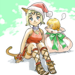 Rule 34 | ..., 1boy, 1girl, animal ears, bikini, blonde hair, blue eyes, breasts, brown footwear, cat ears, cat girl, cat tail, final fantasy, final fantasy xi, hat, in container, in sack, jewelry, looking at viewer, medium breasts, mithra (ff11), necklace, no eyebrows, parted bangs, red bikini, sack, sandals, santa hat, short hair, short twintails, sitting, solo, speech bubble, spoken ellipsis, swimsuit, tail, tarutaru, twintails, yuccoshi