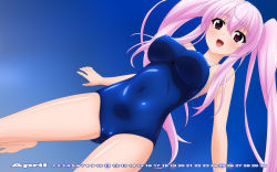Rule 34 | 1girl, april, blush, breasts, calendar, competition school swimsuit, dutch angle, female focus, highres, large breasts, long hair, one-piece swimsuit, open mouth, original, pink hair, purple eyes, school swimsuit, smile, solo, sugimura tomokazu, swimsuit, twintails