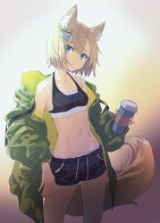 Rule 34 | 1girl, animal ear fluff, animal ears, bare shoulders, black shorts, blue eyes, breasts, brown hair, coat, collarbone, commentary, cowboy shot, cup, disposable cup, english commentary, fox ears, fox tail, gradient background, green coat, h2so4, hair ornament, hairclip, highres, holding, holding cup, long sleeves, navel, open clothes, open coat, original, panties, panty peek, parted lips, short hair, shorts, small breasts, solo, sports bra, stomach, tail, underwear, white panties