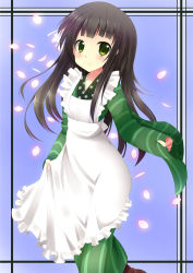 Rule 34 | 1girl, ama usa an uniform, apron, apron hold, blue background, blunt bangs, blush, boots, breasts, brown footwear, brown hair, closed mouth, commentary request, flower, frilled apron, frills, gochuumon wa usagi desu ka?, green eyes, green kimono, hair flower, hair ornament, highres, japanese clothes, kimono, long hair, looking at viewer, maid apron, petals, pink flower, polka dot trim, ribbon, sleeves past wrists, small breasts, smile, solo, standing, standing on one leg, striped clothes, striped kimono, szk, ujimatsu chiya, white apron, white ribbon, wide sleeves