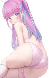 Rule 34 | 1girl, ahoge, ass, back, barbell piercing, bare shoulders, blue hair, blunt bangs, blush, bra, breasts, closed mouth, commentary, dot nose, ear piercing, earrings, feet out of frame, floral print, hair ornament, hair ribbon, hairclip, half updo, heart, heart earrings, highres, hololive, industrial piercing, jewelry, kneehighs, lace, lace-trimmed legwear, lace trim, long hair, medium breasts, minato aqua, multicolored hair, multiple piercings, panties, piercing, pink bra, pink eyes, pink hair, pink panties, ribbon, sidelocks, simple background, single kneehigh, single sock, single thighhigh, socks, solo, streaked hair, symbol-only commentary, thigh strap, thighhighs, thighs, two side up, underwear, underwear only, virtual youtuber, white background, white socks, white thighhighs, yihsien