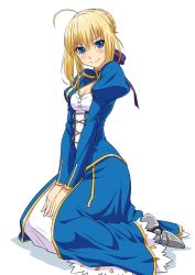 Rule 34 | 1girl, ahoge, armor, armored boots, artoria pendragon (fate), blonde hair, blue eyes, boots, breasts, cleavage, dress, fate/stay night, fate (series), full body, looking at viewer, saber (fate), sitting, sjw kazuya, smile, solo