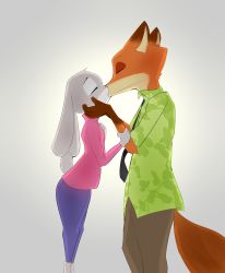 Rule 34 | 1boy, 1girl, animal ears, black neckwear, blue pants, brown pants, rabbit ears, rabbit tail, denyfake, closed eyes, flat chest, fox ears, fox tail, from side, green shirt, grey background, hand on own chest, hands on another&#039;s face, hands up, hetero, highres, judy hopps, kiss, leaning forward, long sleeves, necktie, nick wilde, no humans, pants, pink shirt, profile, shirt, short sleeves, simple background, standing, tail, zootopia