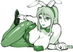 Rule 34 | 1girl, animal ears, bare shoulders, bow, bowtie, breasts, rabbit ears, cleavage, closed mouth, detached collar, fake animal ears, green theme, greyscale, large breasts, leotard, long hair, looking at viewer, lying, monochrome, on side, original, pantyhose, playboy bunny, simple background, smile, solo, strapless, strapless leotard, ueyama michirou, white background, wrist cuffs