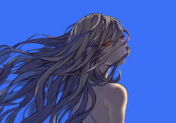 Rule 34 | 1girl, bad id, bad pixiv id, blue background, eyelashes, frown, grey hair, long hair, looking back, original, popompon, simple background, solo, topless, yellow eyes