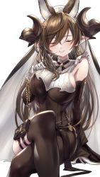 Rule 34 | 1girl, animal ears, bare shoulders, black dress, blush, breasts, brown hair, brown pantyhose, closed eyes, closed mouth, crossed legs, detached sleeves, dress, extra ears, frilled sleeves, frills, galleon (granblue fantasy), gloves, granblue fantasy, hair between eyes, highres, horns, large breasts, long hair, long sleeves, pantyhose, pointy ears, smile, solo, somebody (leiking00), upper body, white gloves