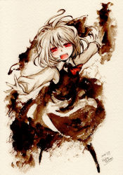 Rule 34 | 1girl, ascot, blonde hair, colored pencil (medium), fangs, female focus, h sakray, hair ribbon, highres, looking at viewer, md5 mismatch, open mouth, outstretched arms, painting (medium), red eyes, resolution mismatch, ribbon, rumia, sakurai haruto, shirt, short hair, skirt, skirt set, smile, solo, source larger, touhou, traditional media, vest, watercolor (medium), watercolor pencil (medium)