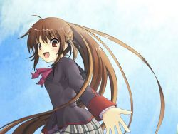 Rule 34 | 1girl, bow, brown hair, genkai madika, little busters!, long hair, looking back, natsume rin, open mouth, outstretched arm, outstretched hand, pink bow, plaid, plaid skirt, ponytail, reaching, red eyes, school uniform, skirt, smile, solo, very long hair