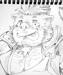 Rule 34 | 1boy, absurdres, animal ears, bara, blush, chest hair, facial hair, fat, fat man, furry, furry male, ganglie (housamo), gezalin (ezvany2), goatee stubble, graphite (medium), greyscale, highres, large pectorals, male focus, monochrome, mutton chops, pectoral cleavage, pectorals, photo (medium), pig ears, pig nose, scar, scar on chin, scar on face, short hair, solo, stubble, tokyo houkago summoners, tongue, tongue out, traditional media, tusks, upper body