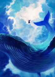 Rule 34 | animal focus, bird, blue theme, cloud, flying whale, highres, lack, original, sky, solo, whale