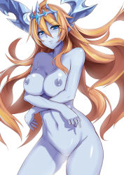 Rule 34 | 1girl, bad id, bad pixiv id, blonde hair, blue eyes, blue skin, blush, breast hold, breasts, colored skin, cowboy shot, crossed arms, demon girl, floating hair, gluteal fold, hera-is (p&amp;d), hera (p&amp;d), highres, horns, large breasts, long hair, looking at viewer, navel, nipples, no pussy, nude, pointy ears, puuzaki puuna, puzzle &amp; dragons, solo