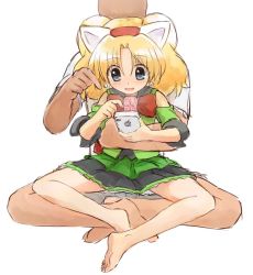 Rule 34 | 1boy, 1girl, :d, animal ears, barefoot, blonde hair, blue eyes, bow, cat ears, cellphone, detached sleeves, dress, earrings, green dress, iphone, jewelpet, jewelpet (series), jewelry, miria marigold mackenzie, nyama, open mouth, phone, red bow, sitting, sitting on lap, sitting on person, smartphone, smile, soles, toes, twintails, white background