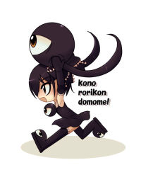 Rule 34 | 1girl, 1other, armpits, backbeako (torotei), backbeard, black dress, black footwear, black gloves, black hair, black ribbon, black thighhighs, blush, carrying, carrying overhead, chibi, child, commentary request, dress, elbow gloves, father and daughter, from side, full body, gegege no kitarou, gloves, hair ribbon, kono lolicon domome, long hair, one-eyed, open mouth, original, pointy ears, red eyes, ribbon, romaji text, running, simple background, smile, solo, thighhighs, torotei, twintails, white background