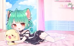 Rule 34 | 1girl, ahoge, bedroom, black choker, black dress, blue hair, chibi, choker, ddorong, dress, earrings, extra ears, fang, frilled dress, frilled straps, frilled thighhighs, frills, garter straps, gradient hair, green hair, hair ornament, highres, hololive, hugging doll, hugging object, indoors, jewelry, looking at viewer, low twintails, lying, medium hair, multicolored hair, off-shoulder dress, off shoulder, on bed, on side, on stomach, open mouth, pom pom (clothes), pom pom hair ornament, red eyes, see-through, see-through sleeves, short dress, short sleeves, short twintails, skin fang, skull hair ornament, solo, stuffed animal, stuffed cat, stuffed toy, thighhighs, twintails, uruha rushia, uruha rushia (3rd costume), virtual youtuber, white garter straps, white thighhighs, wristband
