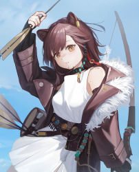 Rule 34 | 1girl, absurdres, animal ears, arknights, arrow (projectile), bare shoulders, black collar, black gloves, blue background, bow (weapon), breasts, brown jacket, collar, cowboy shot, dress, earclip, elbow gloves, fingerless gloves, fur-trimmed jacket, fur trim, gloves, hair ornament, highres, holding, holding arrow, holding bow (weapon), holding weapon, jacket, long sleeves, looking at viewer, lunacub (arknights), open clothes, open jacket, parted lips, quiver, simple background, sleeveless, sleeveless dress, small breasts, solo, tassel, tassel hair ornament, weapon, white dress, yidie