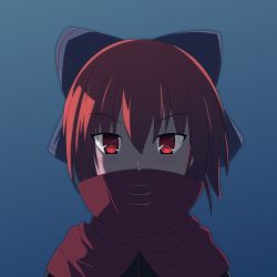 Rule 34 | 1girl, blue background, bow, cape, cato (monocatienus), covered mouth, hair bow, high collar, large bow, looking at viewer, red eyes, red hair, sekibanki, short hair, simple background, solo, touhou, tunic, upper body