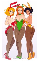 Rule 34 | 3girls, absurdres, alex (totally spies), ass, clover (totally spies), highres, leotard, looking at viewer, multiple girls, playboy bunny, sam (totally spies), satelyte, star (symbol), totally spies