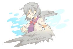 Rule 34 | 1girl, bad id, bad twitter id, bow, bowtie, dress, jacket, kishin sagume, long sleeves, open clothes, ori (yellow duckling), purple dress, red eyes, shirt, short hair, silver hair, single wing, solo, touhou, winged arms, wings