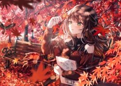 Rule 34 | 1girl, autumn leaves, bare shoulders, bench, beret, bird, black hat, blurry, blush, book, brown hair, clothing cutout, commentary request, depth of field, falling leaves, floating hair, green eyes, halterneck, hand up, hat, highres, holding, holding book, holding leaf, leaf, long hair, looking at object, original, outdoors, parted lips, plaid shawl, red shawl, red sweater, sakura (39ra), shawl, shoulder cutout, solo, sweater, vertical-striped sweater