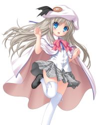 Rule 34 | 1girl, :d, black footwear, blue eyes, cape, capelet, dress shirt, floating hair, grey skirt, hat, hat ribbon, highres, kud wafter, leg up, little busters!, long hair, looking at viewer, miniskirt, na-ga, noumi kudryavka, official art, open mouth, pink neckwear, plaid, plaid skirt, pleated skirt, purple ribbon, ribbon, school uniform, shirt, short sleeves, silver hair, simple background, skirt, smile, solo, standing, standing on one leg, thighhighs, very long hair, white background, white cape, white capelet, white hat, white shirt, white thighhighs, zettai ryouiki