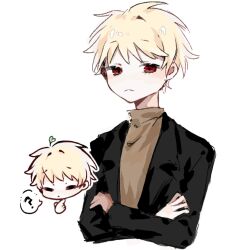 Rule 34 | ?, atou haruki, black jacket, blonde hair, brown sweater, chinese commentary, closed eyes, closed mouth, commentary request, crossed arms, frown, jacket, long sleeves, male focus, moumiaoshigetuanaotuchu, multiple views, no nose, no sclera, open clothes, open jacket, red eyes, saibou shinkyoku, short hair, simple background, spoken question mark, sweater, turtleneck, turtleneck sweater, upper body, white background