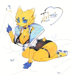 Rule 34 | 1girl, arthropod girl, belt, blonde hair, blue hair, blue sclera, blue skin, breasts, cleavage, collar, colored sclera, colored skin, creatures (company), furry, furry female, game freak, gen 5 pokemon, high collar, jacket, jewelry, joltik, kneeling, large breasts, looking at viewer, nintendo, open clothes, open jacket, pendant, pokemon, pokemon (creature), shoes, smile, spiked hair, tail, thick eyebrows, thick thighs, thigh belt, thigh strap, thighs, togetoge, white jacket, wide hips, yellow fur