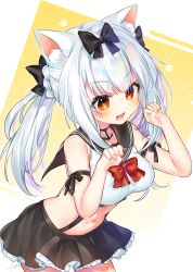 Rule 34 | 1girl, anchor choker, animal ear fluff, animal ears, azur lane, black ribbon, black sailor collar, black skirt, blush, bow, breasts, cat ears, choker, commentary request, crop top, etto eat, fang, hair bow, hair ribbon, highres, looking to the side, medium breasts, medium hair, miniskirt, navel, neck ribbon, open mouth, paw pose, pleated skirt, red ribbon, ribbon, sailor collar, sidelocks, skirt, smile, solo, stomach, suspender skirt, suspenders, twintails, white hair, yukikaze (azur lane)