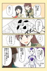 Rule 34 | 10s, 3girls, 4koma, :d, ahoge, black hair, blunt bangs, blush, braid, brown hair, comic, commentary request, cosplay, dragon ball, dragonball z, frieza, frieza (cosplay), green skirt, hair over shoulder, highres, hime cut, kantai collection, kitakami (kancolle), kuma (kancolle), long hair, multiple girls, neckerchief, ooi (kancolle), open mouth, pleated skirt, remodel (kantai collection), school uniform, serafuku, short sleeves, simple background, single braid, skirt, smile, translation request, veins, yatsuhashi kyouto