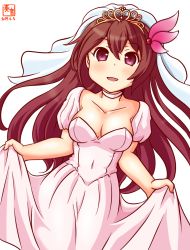 Rule 34 | 1girl, alternate costume, artist logo, blush, breasts, brown hair, choker, cleavage, collarbone, commentary request, covered navel, cowboy shot, dated, dress, hair between eyes, hair ornament, kanon (kurogane knights), kantai collection, kisaragi (kancolle), long hair, looking at viewer, medium breasts, one-hour drawing challenge, open mouth, pink choker, pink dress, purple eyes, simple background, skirt hold, solo, standing, tiara, wedding dress, white background, white dress
