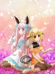Rule 34 | 2girls, animal ears, aruyamano heidi, bad id, bad pixiv id, blonde hair, blue eyes, bow, bowtie, brown eyes, creatures (company), dress, game freak, gen 1 pokemon, hair ornament, jewelry, leggings, long hair, multiple girls, necklace, nintendo, outstretched hand, personification, pink hair, pokemon, rabbit ears, raichu, shoes, short hair, sitting, sweater, thighhighs, wigglytuff, wristband, yellow footwear